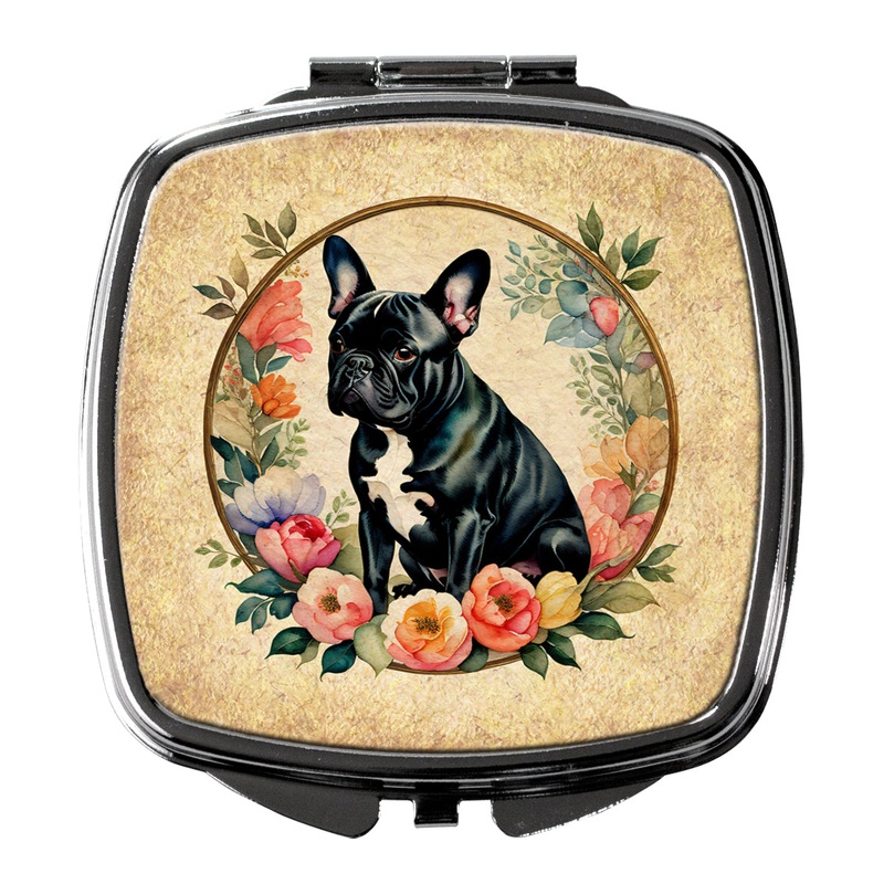 Black French Bulldog and Flowers Compact Mirror  Stylish Purse Mirror with Artistic Covers