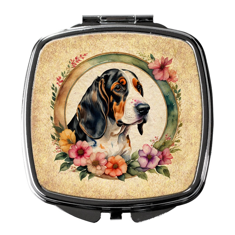Basset Hound and Flowers Compact Mirror  Stylish Purse Mirror with Artistic Covers