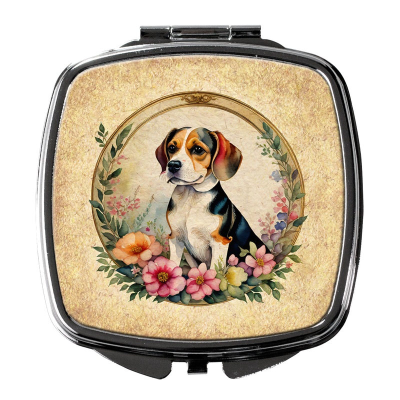 Beagle and Flowers Compact Mirror  Stylish Purse Mirror with Artistic Covers