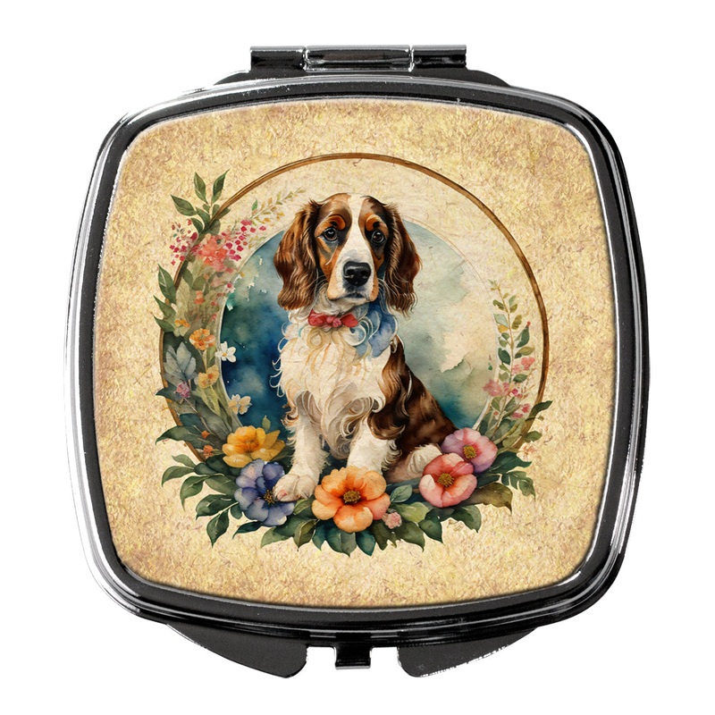Welsh Springer Spaniel and Flowers Compact Mirror  Stylish Purse Mirror with Artistic Covers