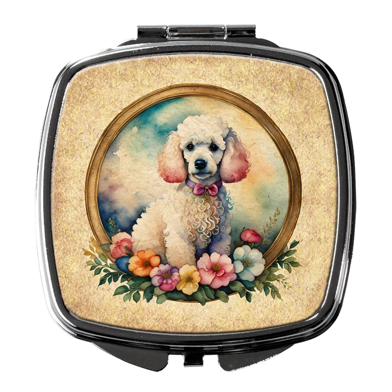 White Poodle and Flowers Compact Mirror  Stylish Purse Mirror with Artistic Covers