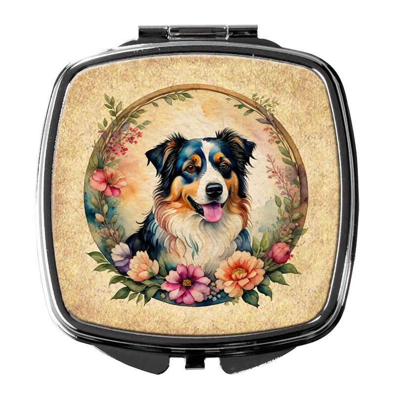 Australian Shepherd and Flowers Compact Mirror  Stylish Purse Mirror with Artistic Covers