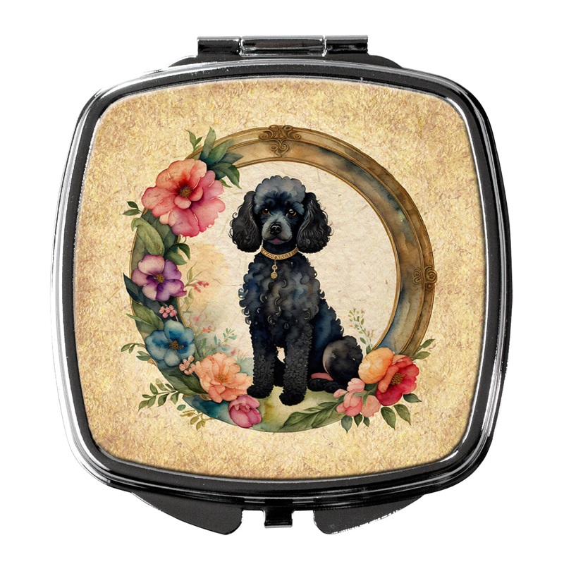 Black Poodle and Flowers Compact Mirror  Stylish Purse Mirror with Artistic Covers