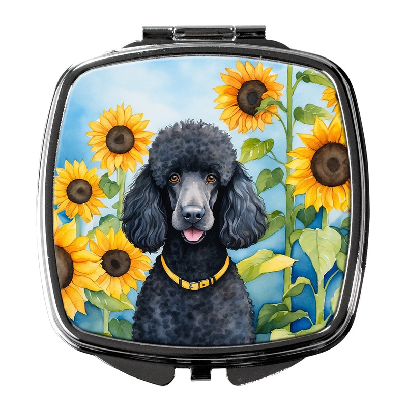 Black Poodle in Sunflowers Compact Mirror  Stylish Purse Mirror with Artistic Covers