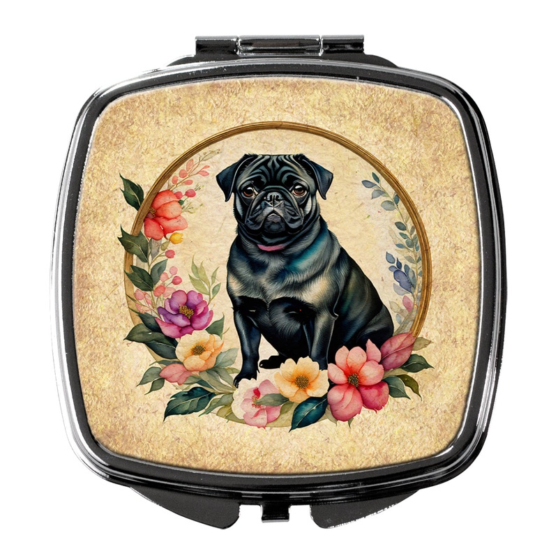 Black Pug and Flowers Compact Mirror  Stylish Purse Mirror with Artistic Covers