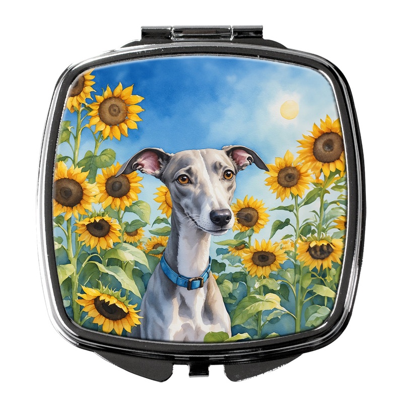 Whippet in Sunflowers Compact Mirror  Stylish Purse Mirror with Artistic Covers