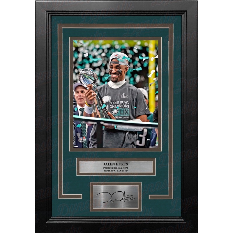 Jalen Hurts Trophy Philadelphia Eagles Super Bowl Champions 8x10 Framed Photo & Engraved Autograph