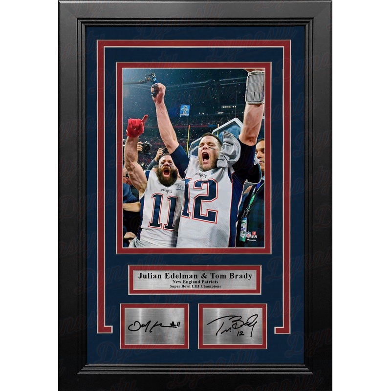 Julian Edelman & Tom Brady Super Bowl LIII Patriots 8x10 Framed Photo with Engraved Autographs