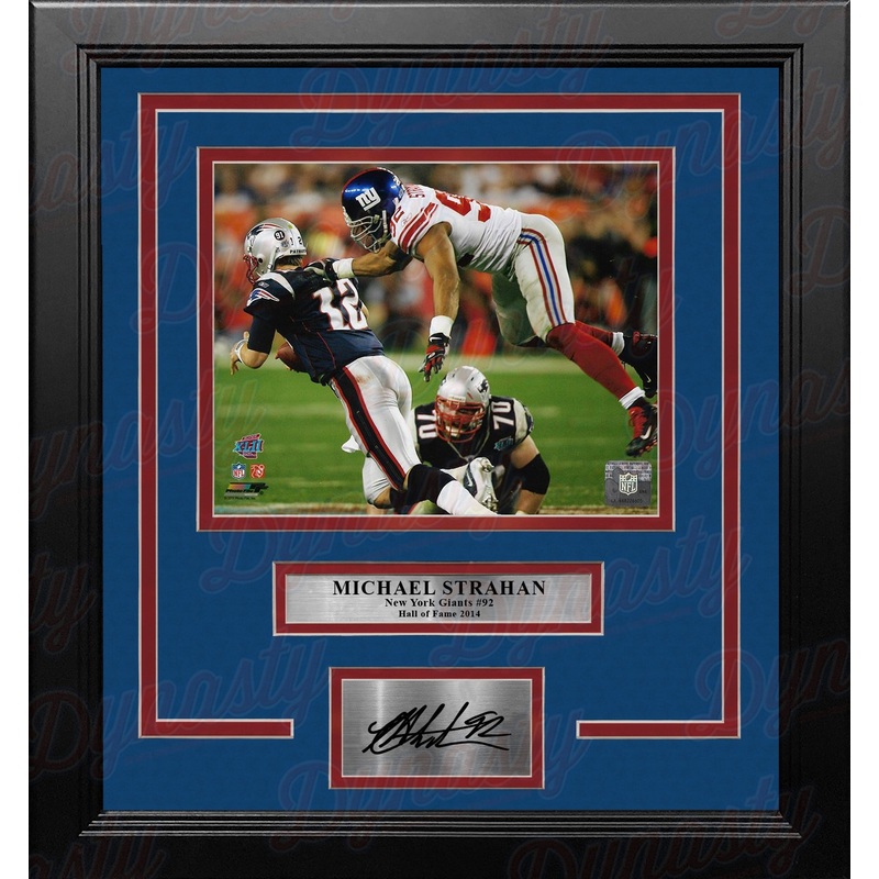 Michael Strahan Sacks Brady Super Bowl XLII NY Giants 8x10 Framed Photo with Engraved Autograph