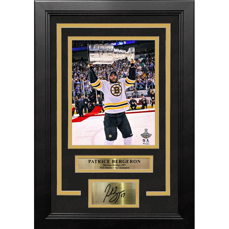 Patrice Bergeron Stanley Cup Trophy Boston Bruins 8x10 Framed Hockey Photo with Engraved Autograph