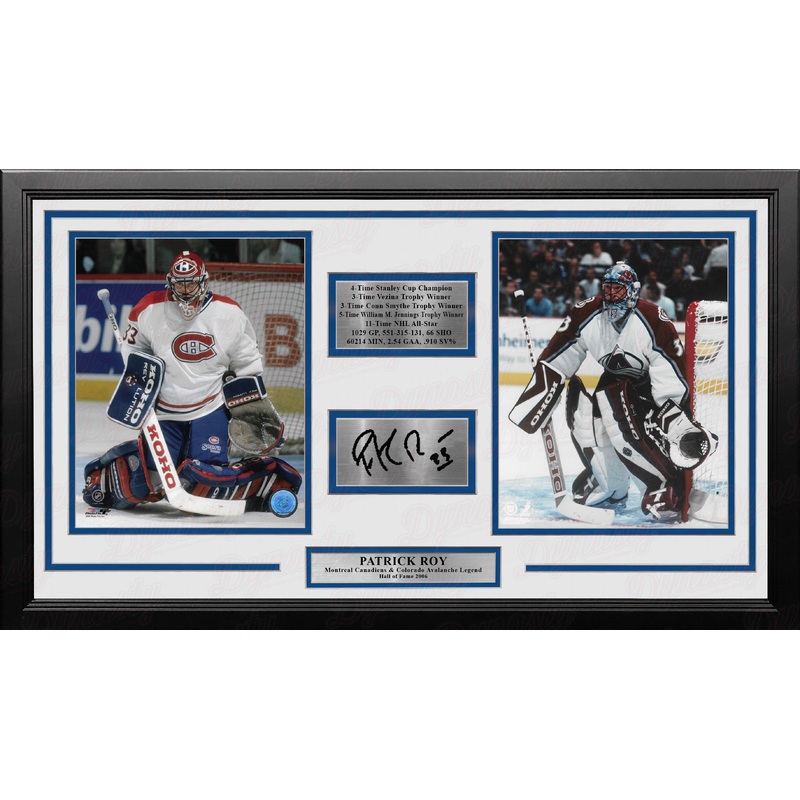 Patrick Roy Framed Hockey Photo Collage with Career Stats & Engraved Autograph