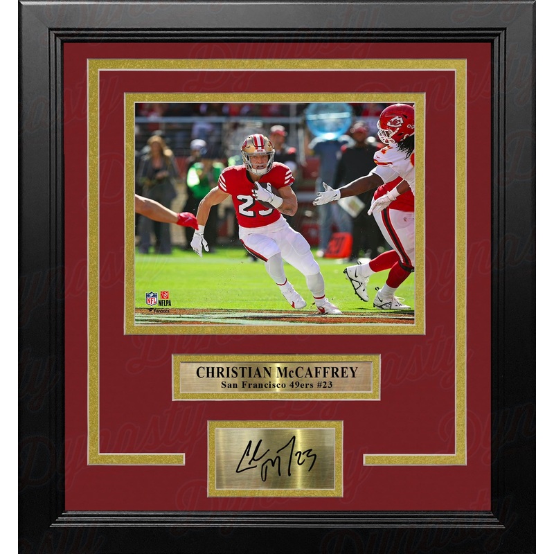 Christian McCaffrey in Action San Francisco 49ers 8x10 Framed Football Photo with Engraved Autograph