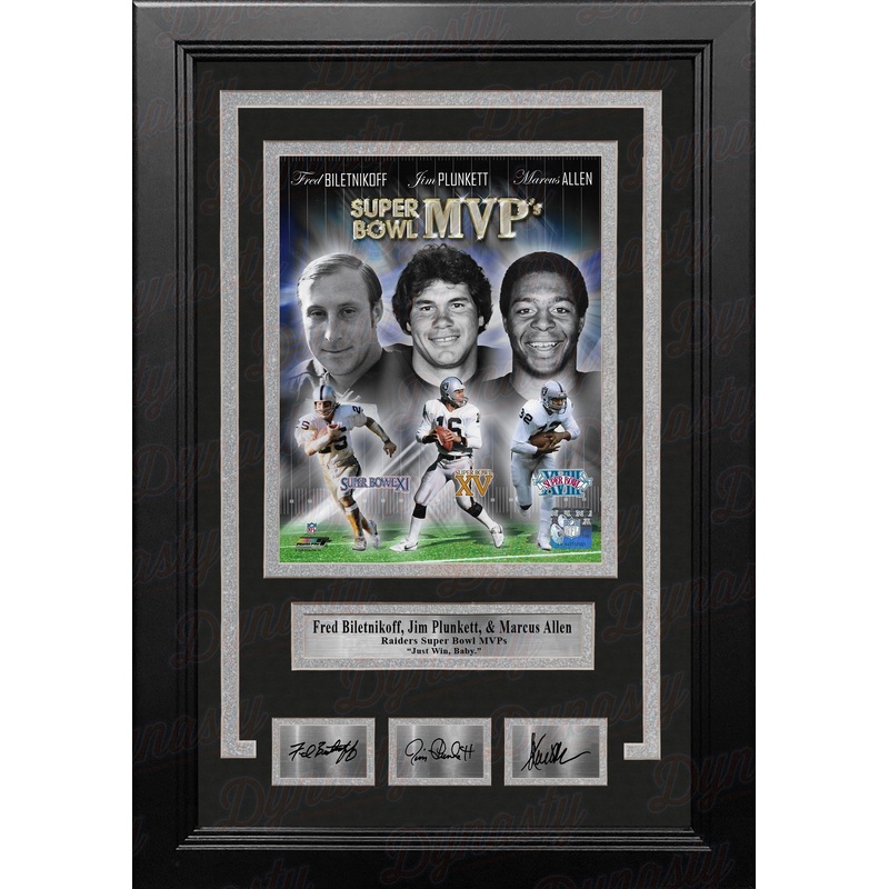 Fred Biletnikoff, Jim Plunkett, & Marcus Allen Raiders 8x10 Framed Photo with Engraved Autographs