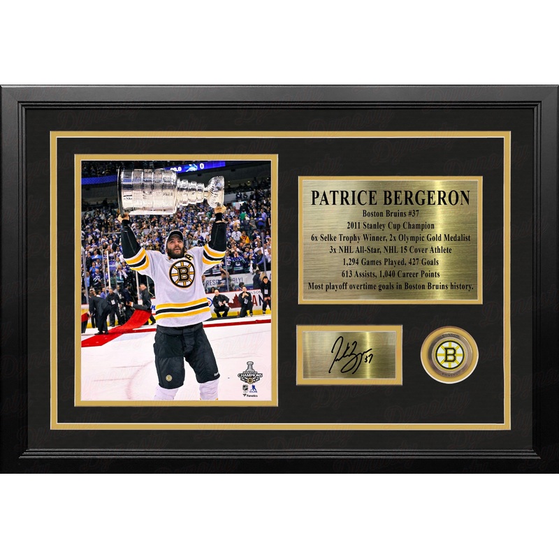 Patrice Bergeron Stanley Cup Boston Bruins 8x10 Framed Photo with Engraved Autograph & Career Stats