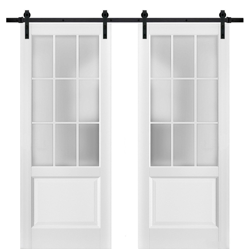 Felicia 3309 Matte White Double Barn Door with 9 Lites Frosted Glass | Black Rail