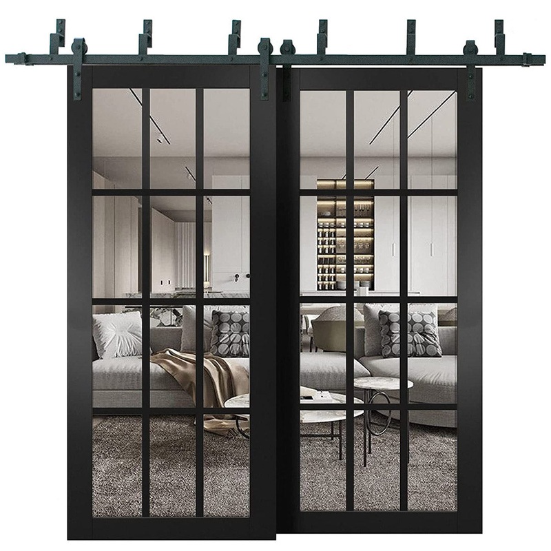 Felicia 3355 Matte Black Double Barn Door with 12 Lites Clear Glass | Black Bypass Rail