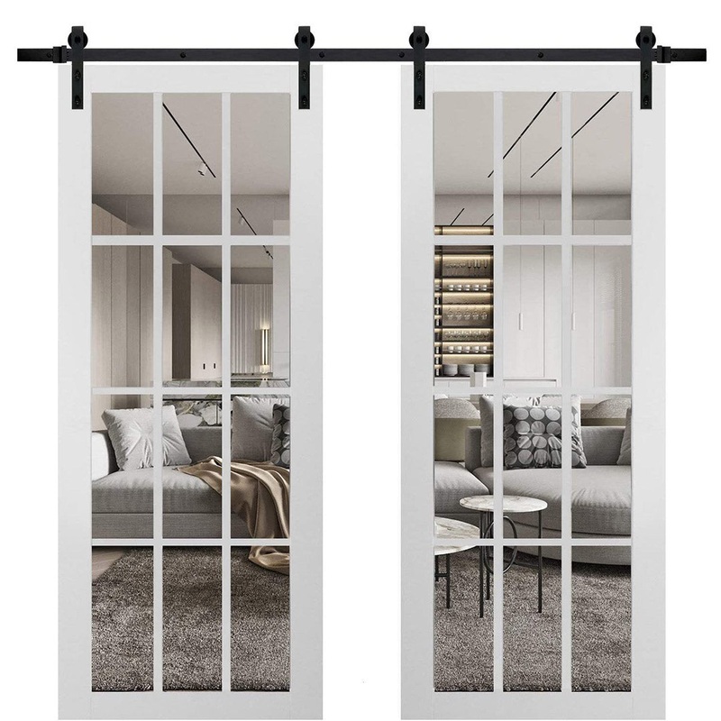 Felicia 3355 Matte White Double Barn Door with 12 Lites Clear Glass | Black Rail