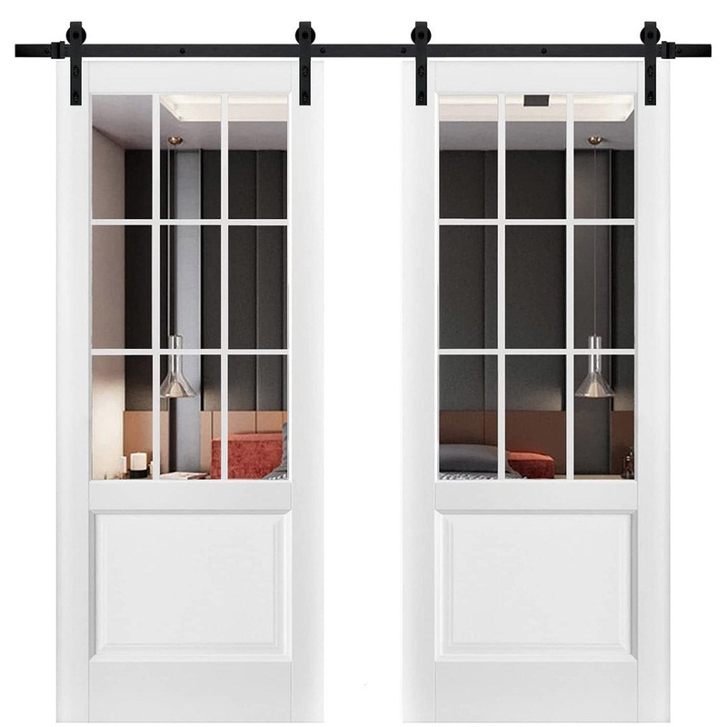 Felicia 3599 Matte White Double Barn Door with 9 Lites Clear Glass | Black Rail