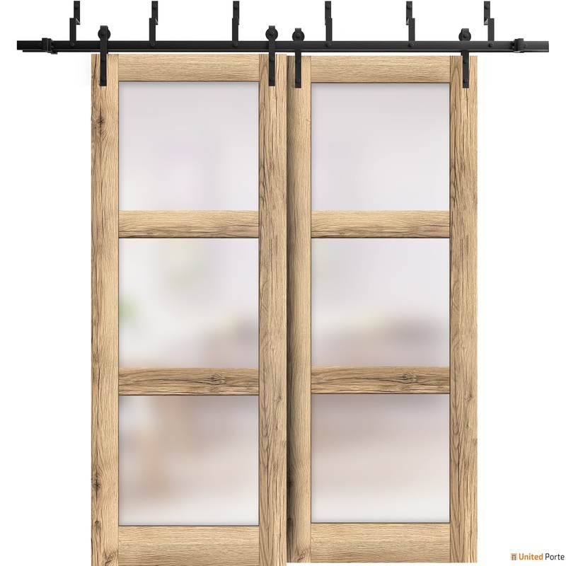 Lucia 2552 Oak Double Barn Door with Frosted Glass and Black Bypass Rail