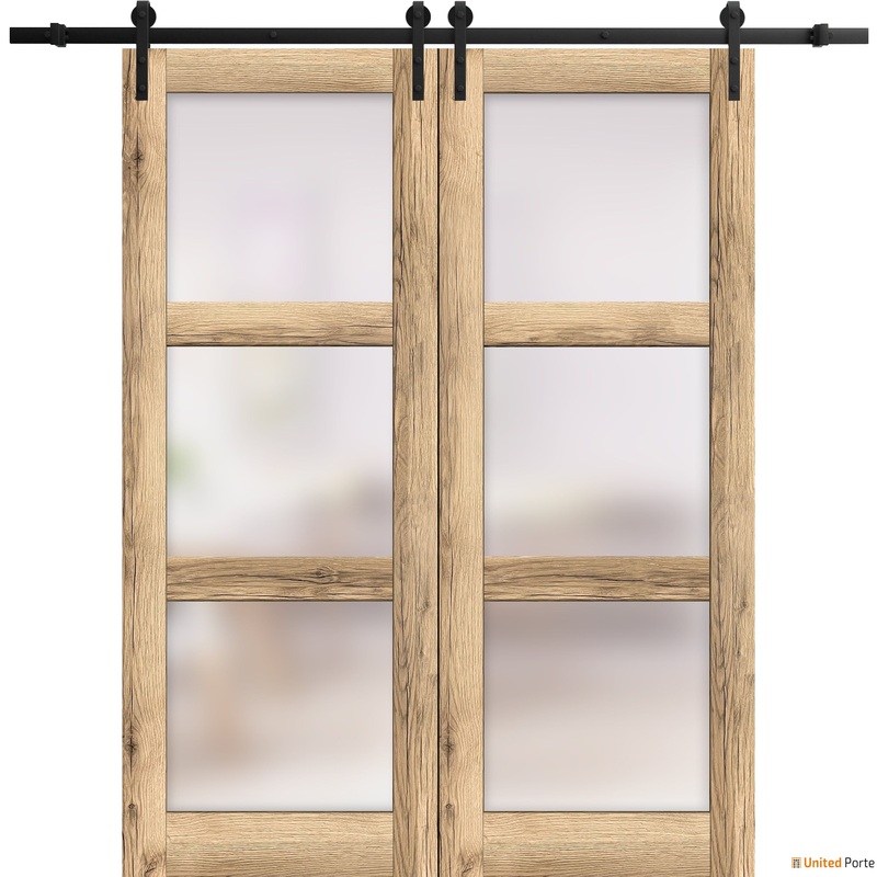 Lucia 2552 Oak Double Barn Door with Frosted Glass and Black Rail