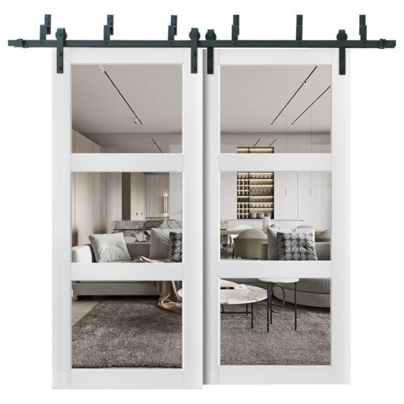 Lucia 2555 Matte White Double Barn Door with Clear Glass 3 Lites | Black Bypass Rails
