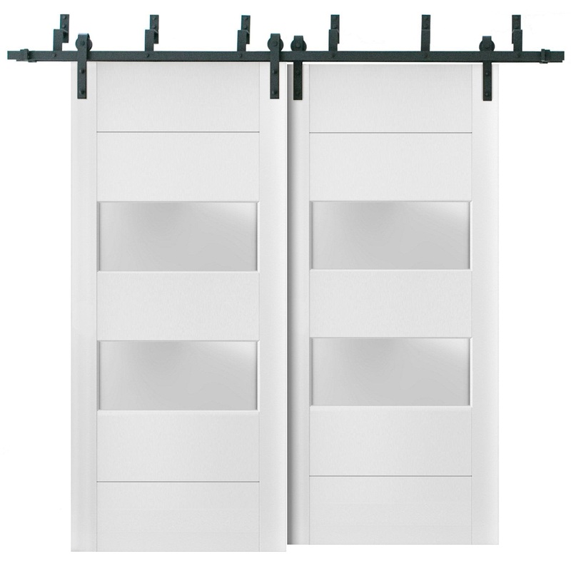 Lucia 4010 Matte White Double Barn Door with 2 Lites Frosted Glass | Black Bypass Rails