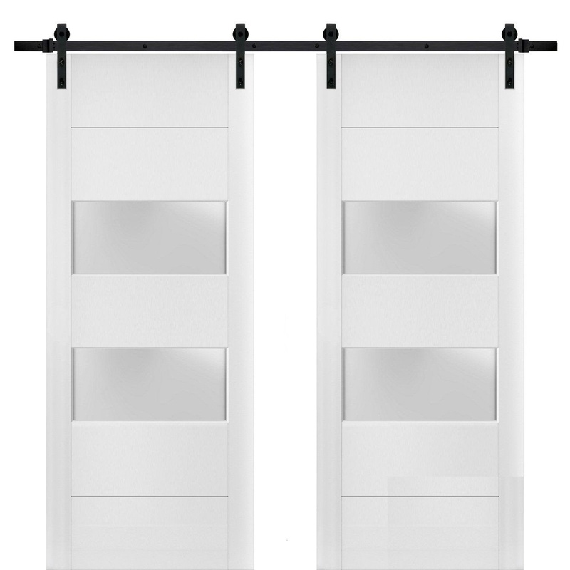 Lucia 4010 Matte White Double Barn Door with 2 Lites Frosted Glass | Black Rail