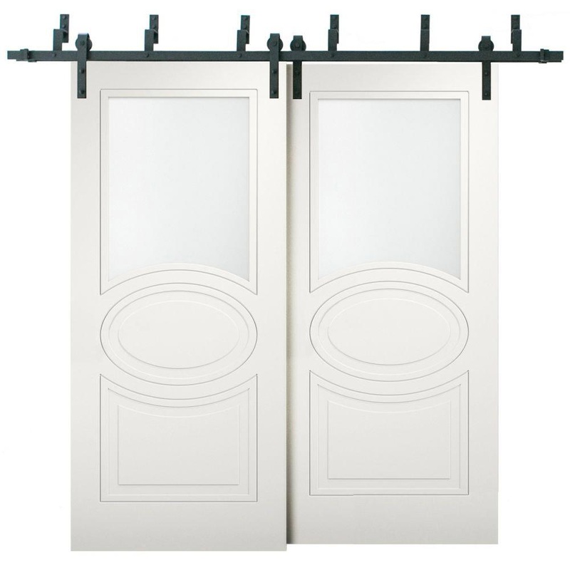 Mela 7012 Mattte White | Barn Doors with Frosted Glass | Black Bypass Rail