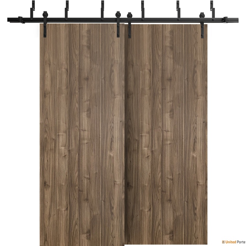 Planum 0010 Walnut Double Barn Door and Black Bypass Rail