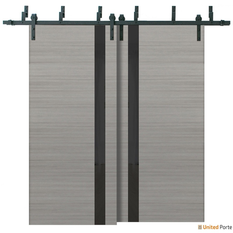 Planum 0040 Grey Ash Double Barn Door with Black Glass and Black Bypass Rail