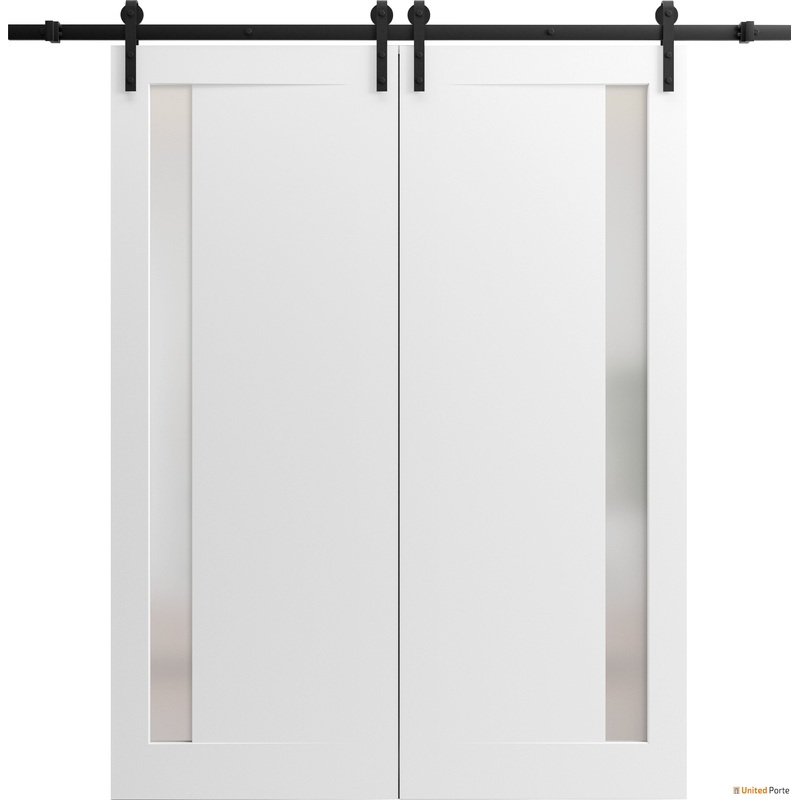 Planum 0660 Painted White Double Barn Door with Frosted Glass and Black Rail