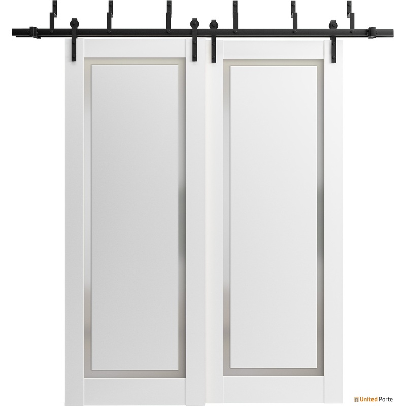 Planum 0888 Painted White Double Barn Door with Frosted Glass and Black Bypass Rail