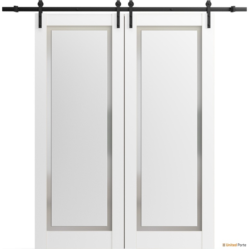 Planum 0888 Painted White Double Barn Door with Frosted Glass and Black Rail