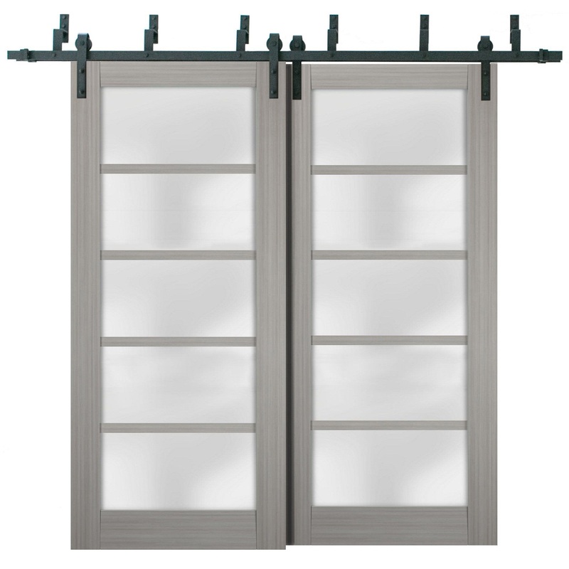 Quadro 4002 Grey Ash Double Barn Door with Frosted Glass | Black Bypass Rails