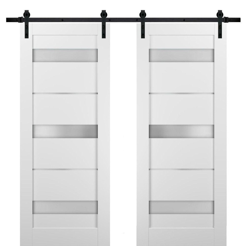 Quadro 4055 White Silk Double Barn Door with Frosted Glass | Black Rail