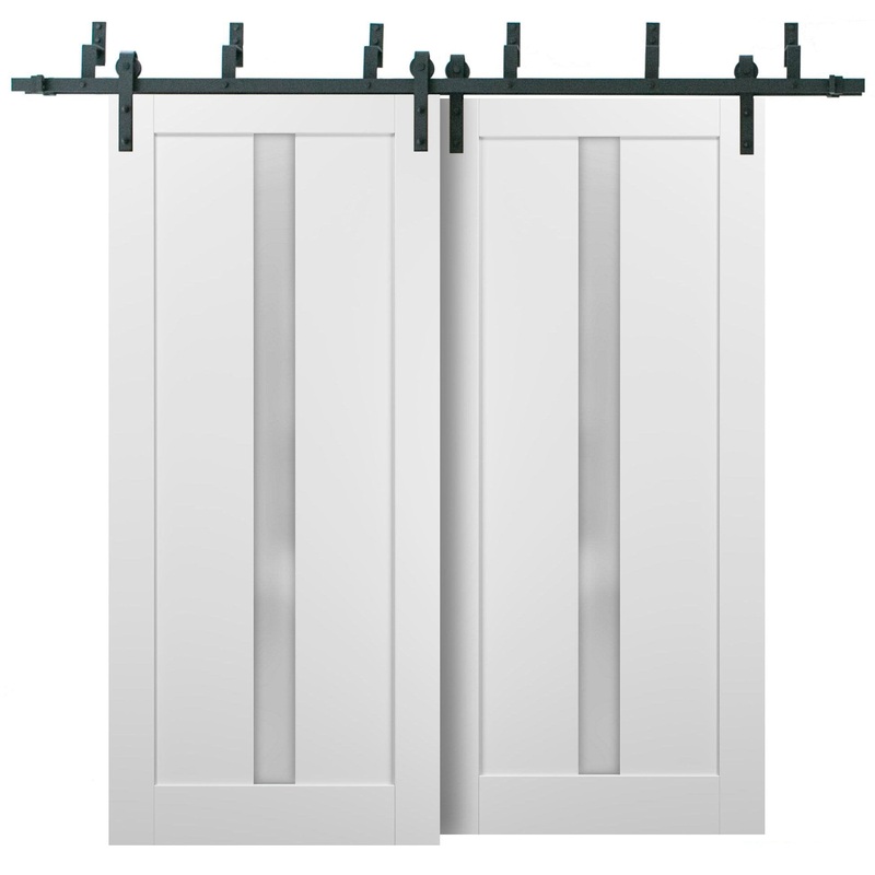 Quadro 4112 Matte White Double Barn Door with Frosted Glass | Black Bypass Rails