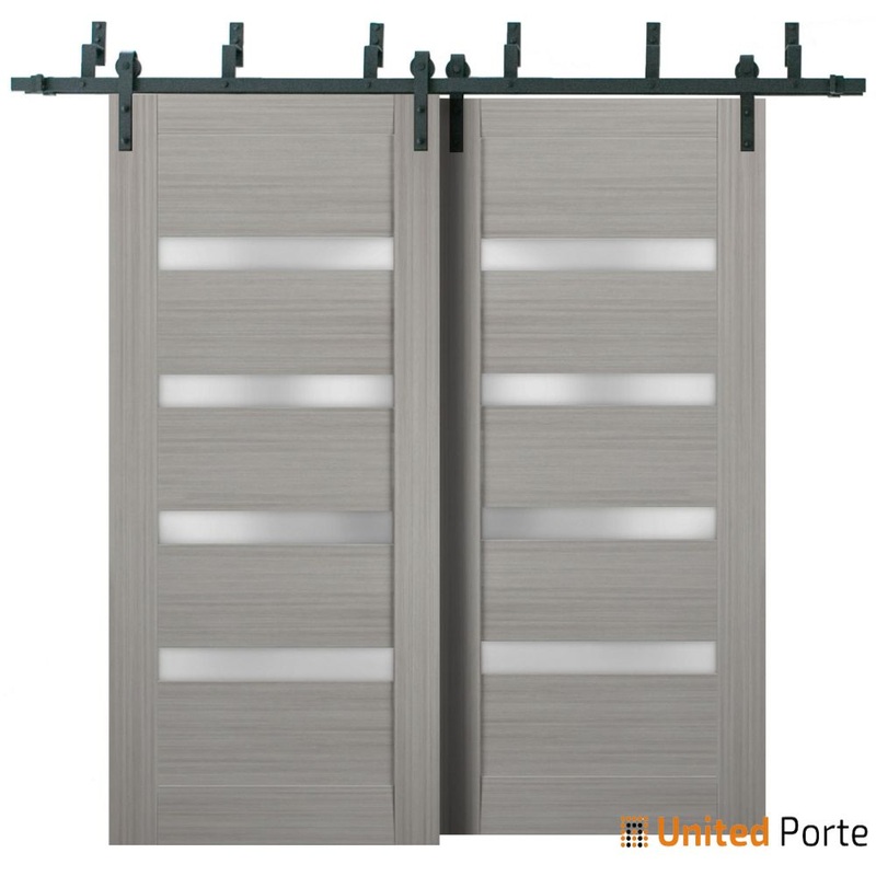 Quadro 4113 Grey Ash Double Barn Door with Frosted Glass | Black Bypass Rails