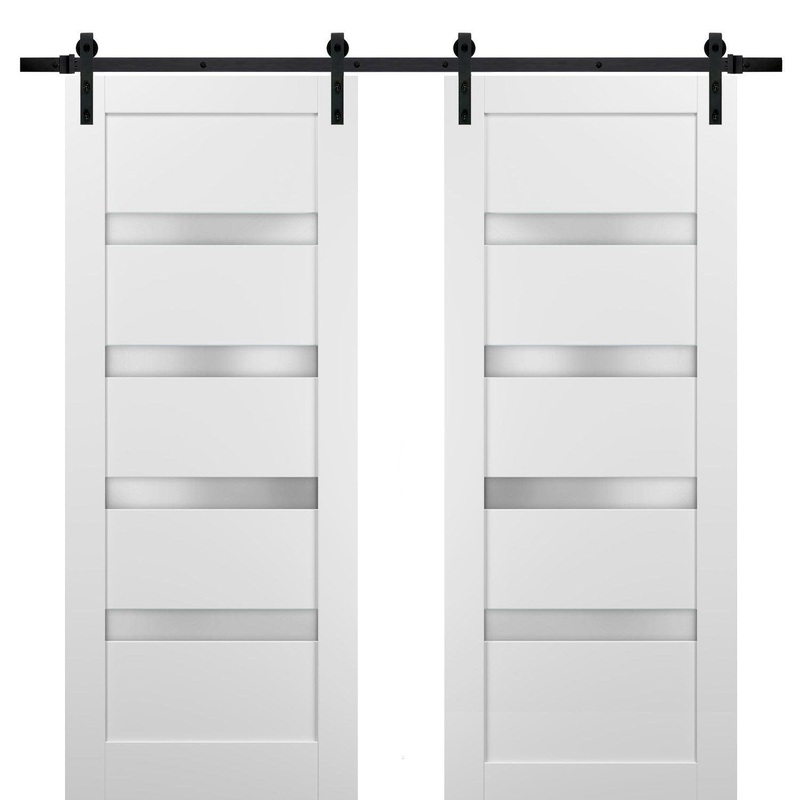 Quadro 4113 Matte White Double Barn Door with Frosted Glass | Black Rail
