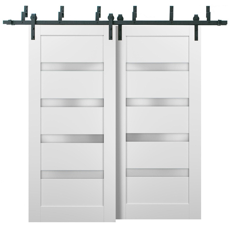 Quadro 4113 White Silk Double Barn Door with Frosted Glass | Black Bypass Rails