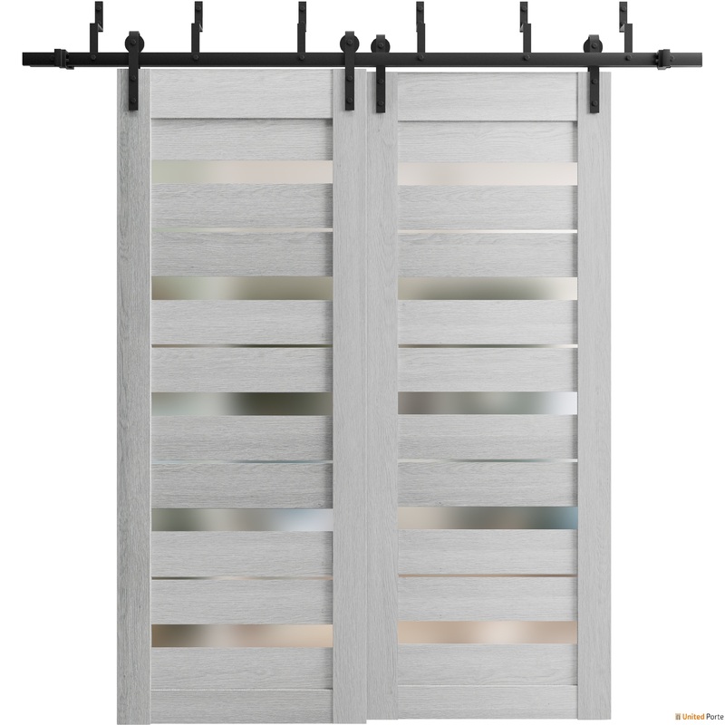 Quadro 4445 Light Grey Oak Double Barn Door with Frosted Glass and Black Bypass Rail