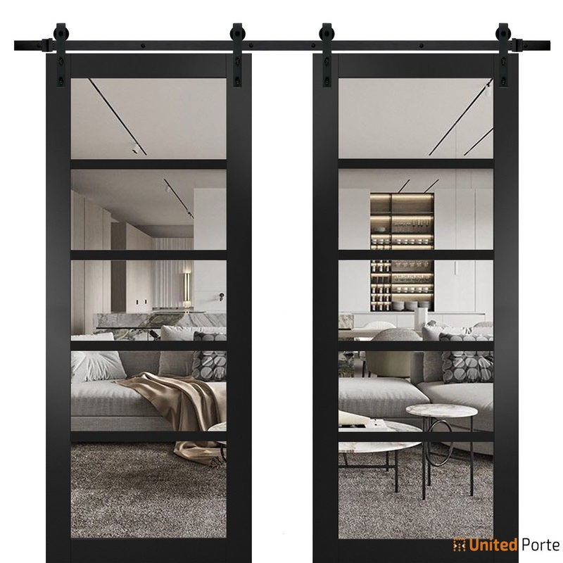Quadro 4522 Matte Black Double Barn Door with Clear Glass | Black Rail