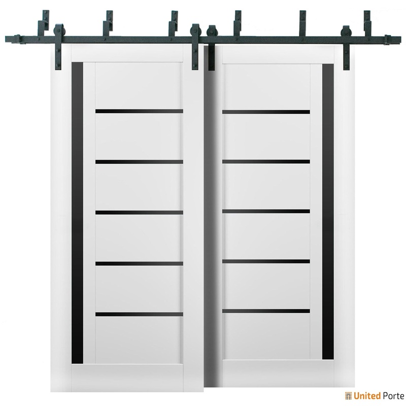 Quadro 4588 Matte White Double Barn Door with Black Glass | Black Bypass Rail