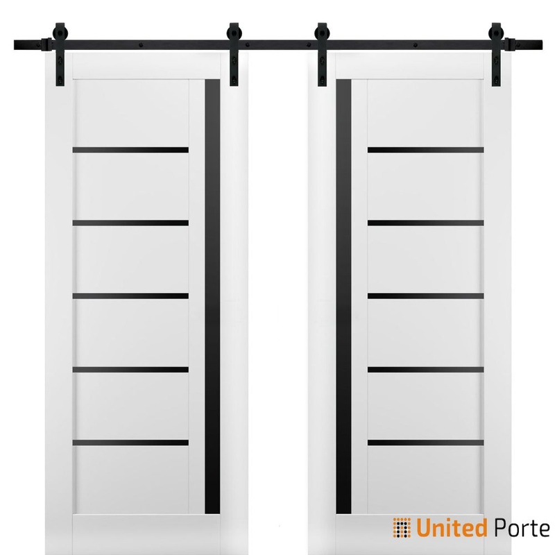 Quadro 4588 Matte White Double Barn Door with Black Glass | Black Rail