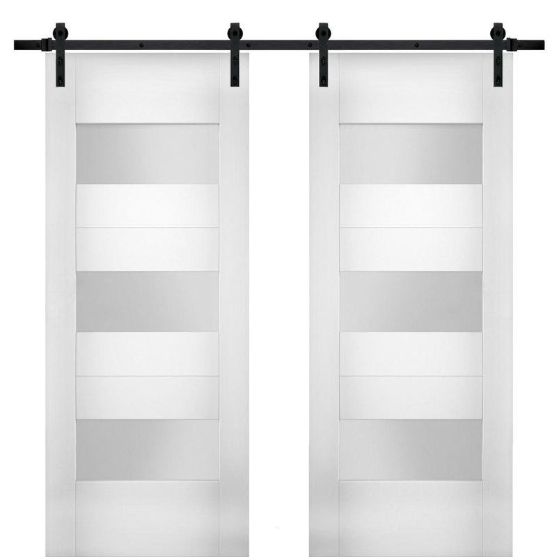 Sete 6003 White Silk Double Barn Door with Frosted Glass | Black Rail