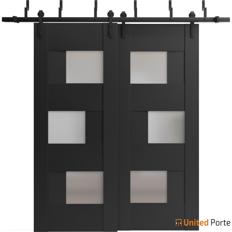 Sete 6933 Matte Black Double Barn Door with Frosted Glass and Black Bypass Rail