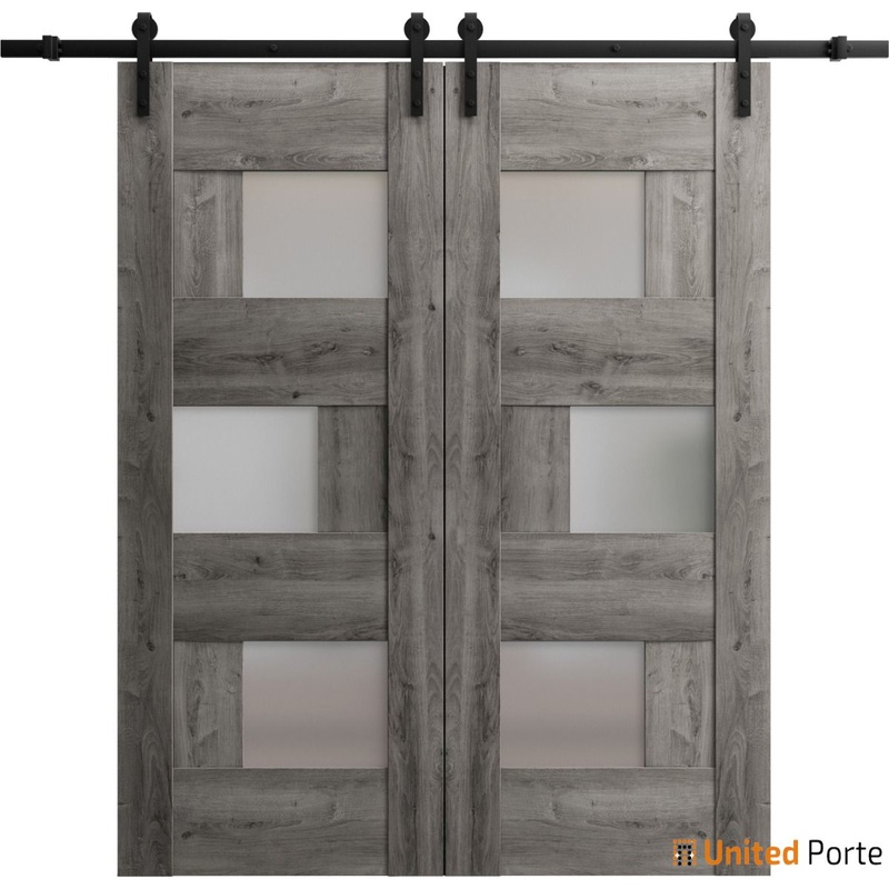 Sete 6933 Nebraska Grey Double Barn Door with Frosted Glass and Black Rail