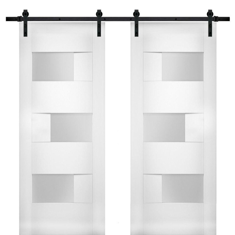 Sete 6933 White Silk Double Barn Door with Frosted Glass | Black Rail