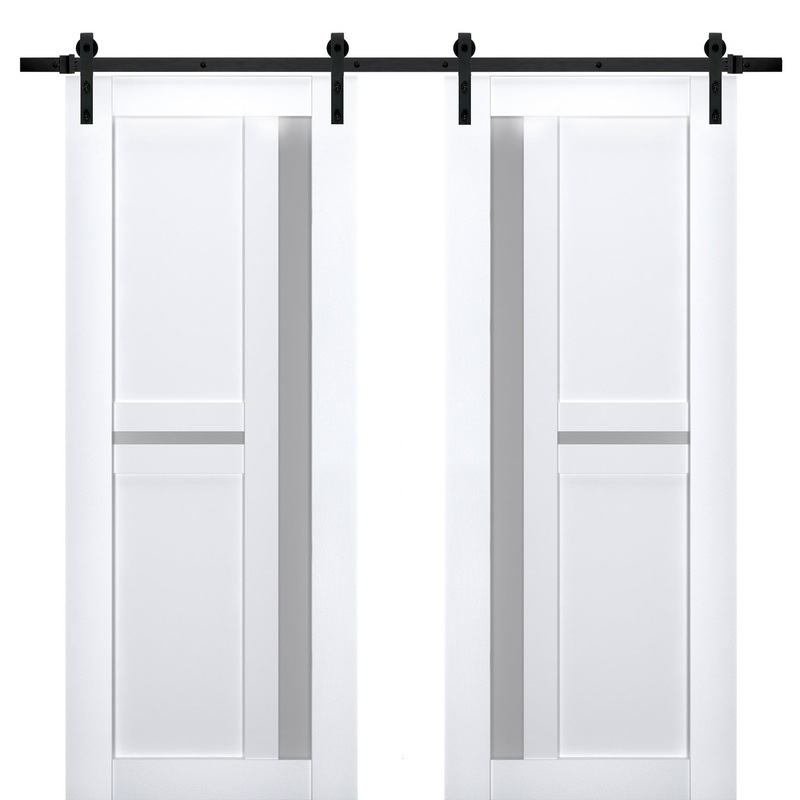 Veregio 7288 Matte White Double Barn Door with Frosted Glass and Black Rail