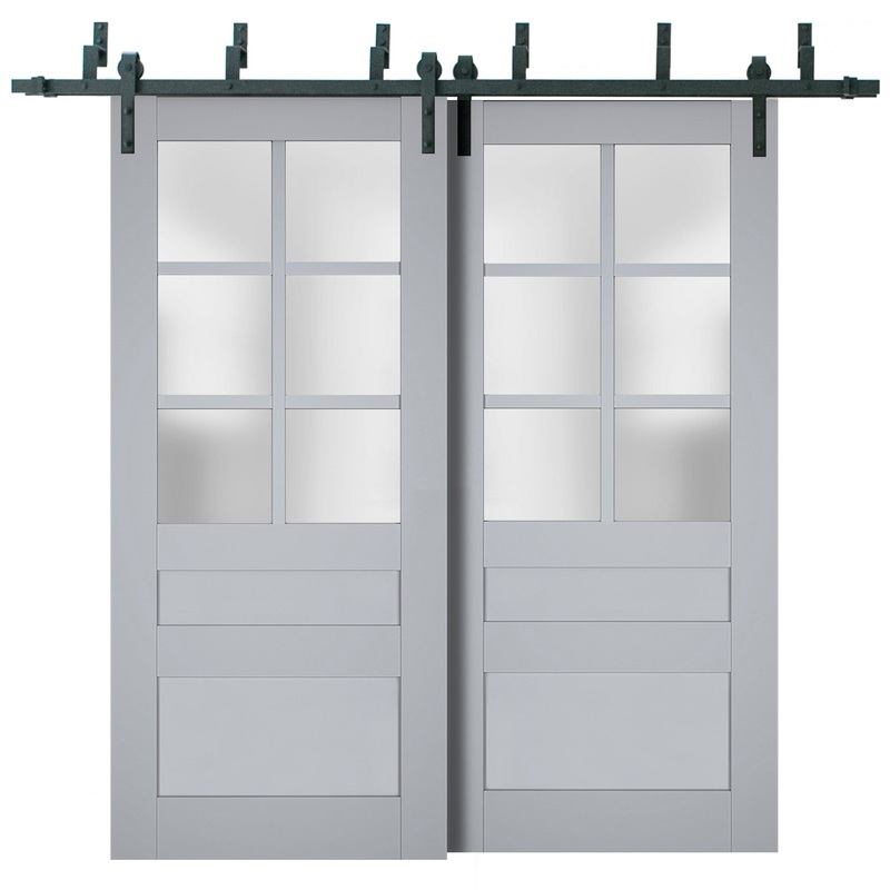Veregio 7339 Matte Grey Double Barn Door with Frosted Glass and Black Bypass Rail