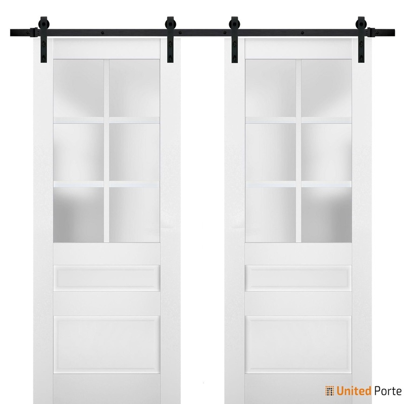 Veregio 7339 Matte White Double Barn Door with Frosted Glass and Black Rail